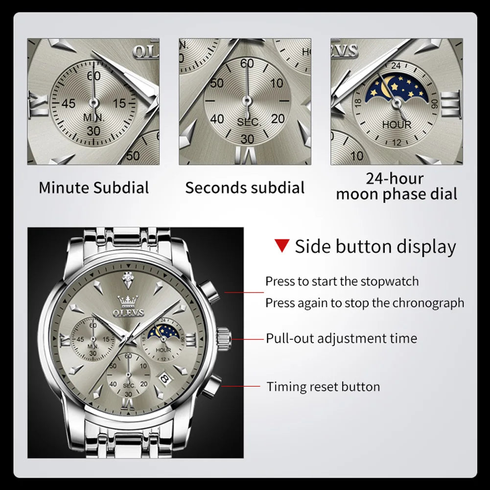 OLEVS 3639 Multifunctional Chronograph Watch, Luminous Moon Phase Watch