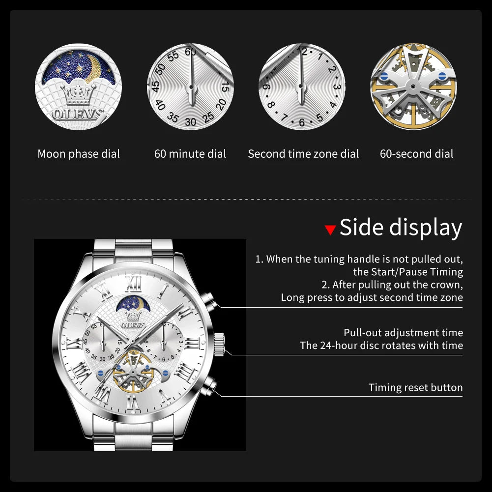 OLEVS 3640 Moon Phase Roman Scale Chronograph Stainless Steel Quartz Watch