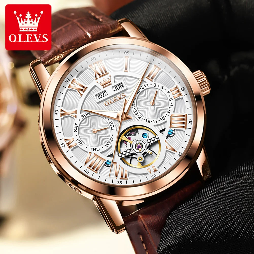 OLEVS 6668 Chronograph Moon Phase Calendar Leather Strap Quartz Watch