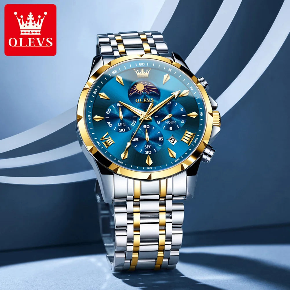 OLEVS 3653 7-Hand Multifunction Chronograph With Moon Phase, Waterproof Design, Stainless Steel Strap