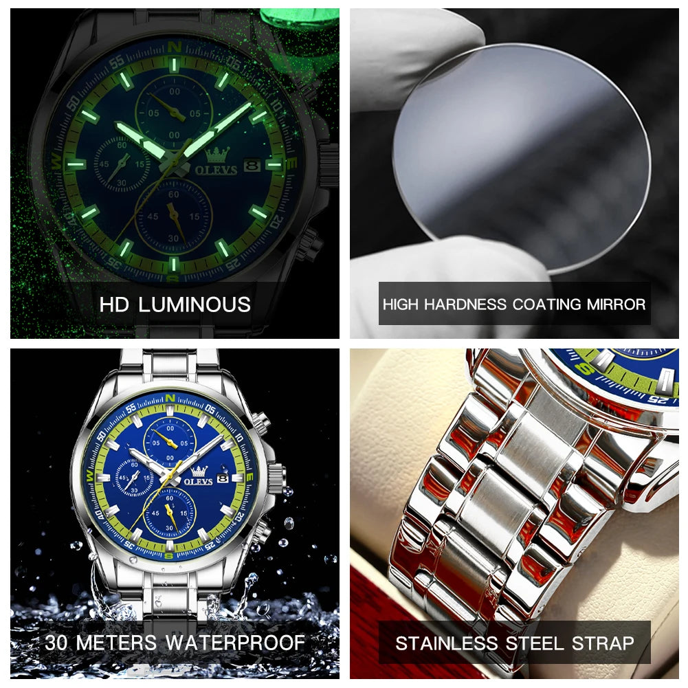 OLEVS TY713 Casual Stainless Steel, Luminous Chronograph Date Quartz Watch
