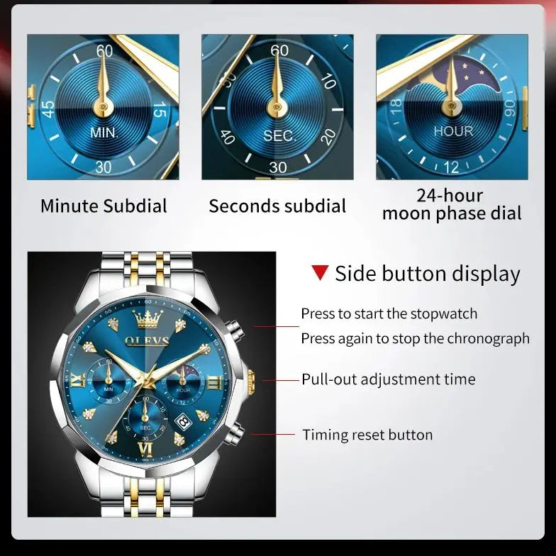 OLEVS 3670 Moon Phase Chronograph Luxury Rhombus Mirror Quartz Watch